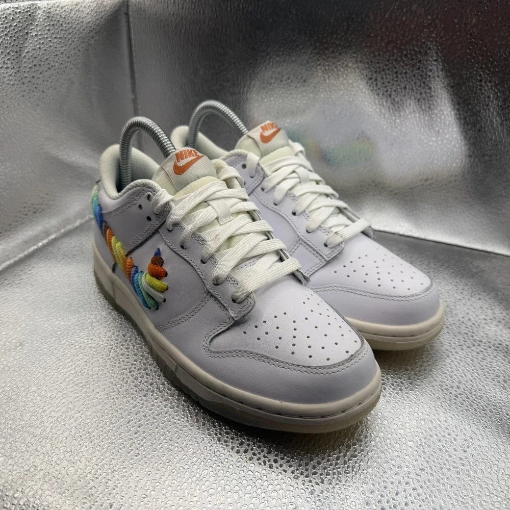 Size 5Y Nike Dunk Low SE Rainbow Lace Swoosh White Kids Sneaker Shoes FN4861-100